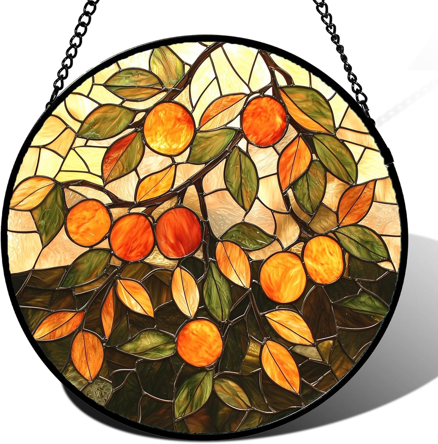 Stained Glass Suncatcher, Orange Green Fruit Tree Sun Catcher Landscape Stain Glass Window Hanging Decoration Mother's Day Birthday Gifts for Women Men Mom Nana 6.3 in