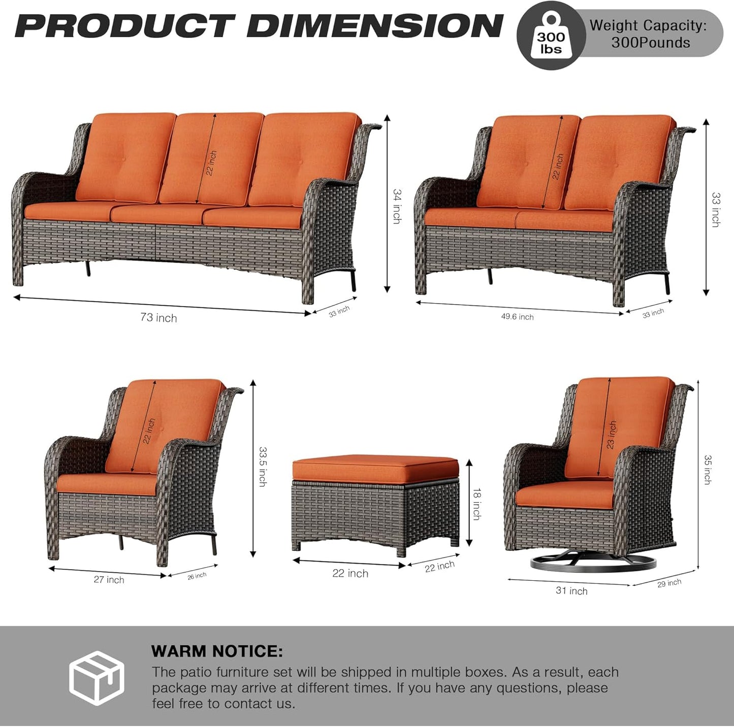 Joyside 5 Piece Outdoor Patio Furniture Set Wicker Conversation Bistro Set Swivel Rocking Chairs with Side Table and Ottomans for Backyard, Porch, Deck(Mixed Grey/Orange)