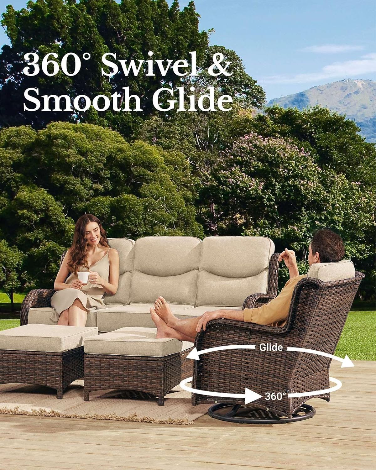 HILLGA Luxury Patio Furniture Set with 6-Inch Thick Cushions, High Back Outdoor Swivel Rocker Chairs and Patio Couch, 10-Piece All Weather Conversation Set for Porch Deck Pool Yard, Beige (V3)