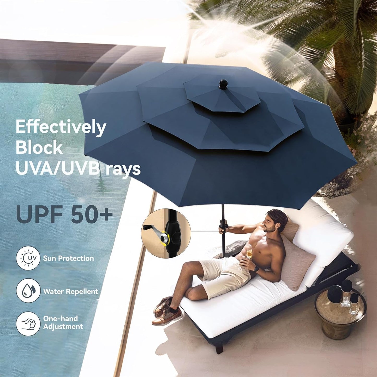 PHI VILLA Patio Dining Set with Umbrella for 4, Outdoor Table & Chairs Set with 4 Padded Swivel Patio Dining Chairs, 1 Metal Dining Table and 10ft Navy Blue Large Patio Umbrella (No Umbrella Base)