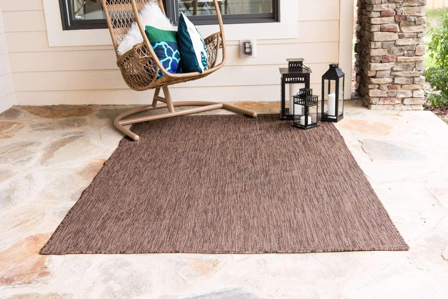 Unique Loom Collection Casual Transitional Solid Heathered Indoor/Outdoor Flatweave Area Rug (4' 1" x 6' 1" Rectangle, Light Brown/Ivory)