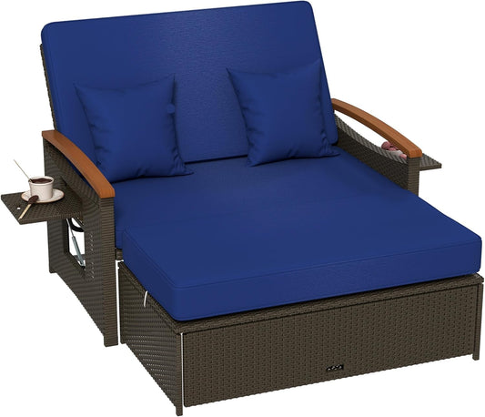 Tangkula Patio Rattan Daybed Set with Cushioned Loveseat and Storage Ottoman, Outdoor Double Chaise Lounger with 4-Level Adjustable Backrest and Retractable Side Trays for Backyard (Navy)
