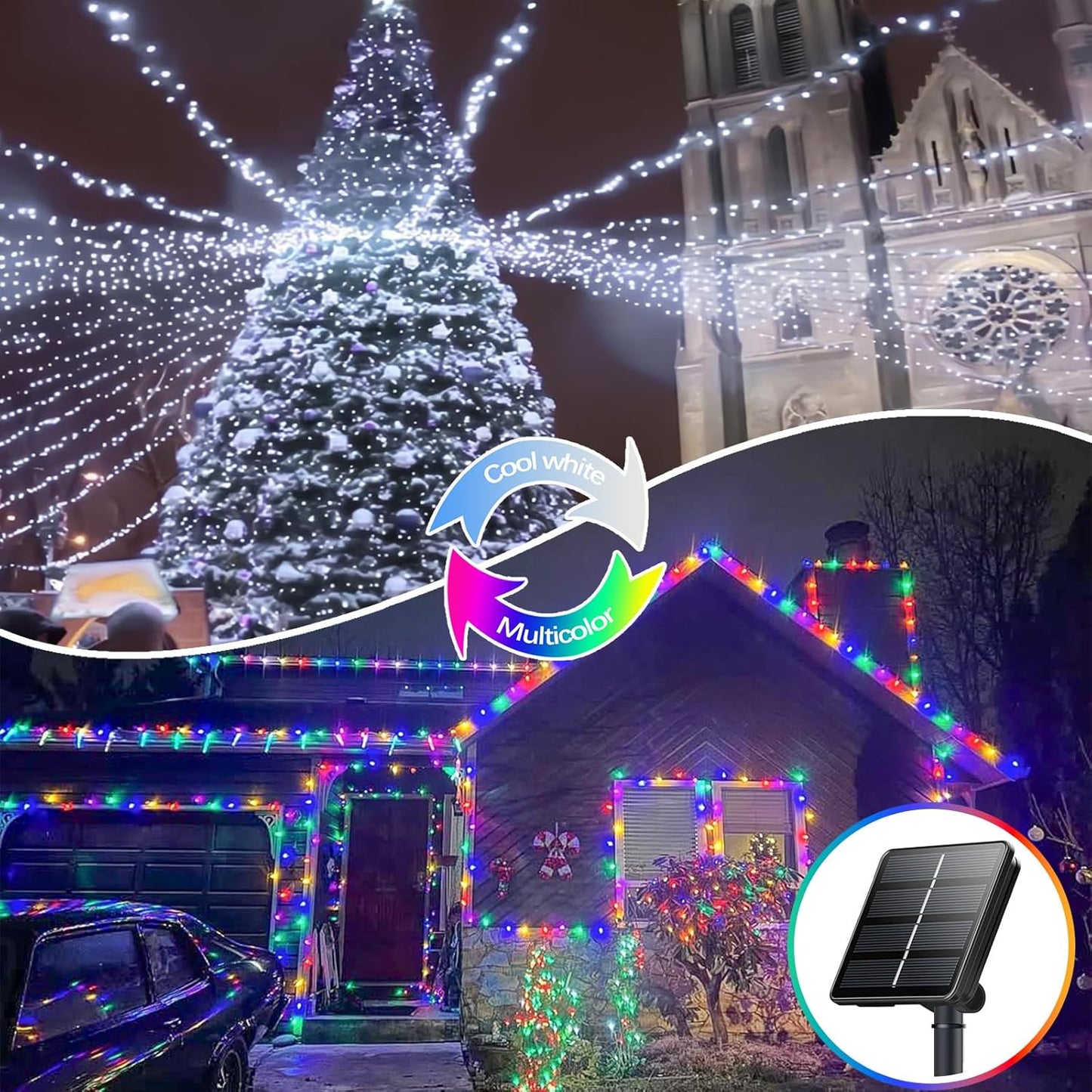 SANJICHA Cool White and Multicolor Color Changing Solar String Lights, Extra-Long 2PK 144FT 400LED Solar Fairy Lights Outdoor Waterproof, Copper Wire 8 Modes for Garden Party Wedding Decorations