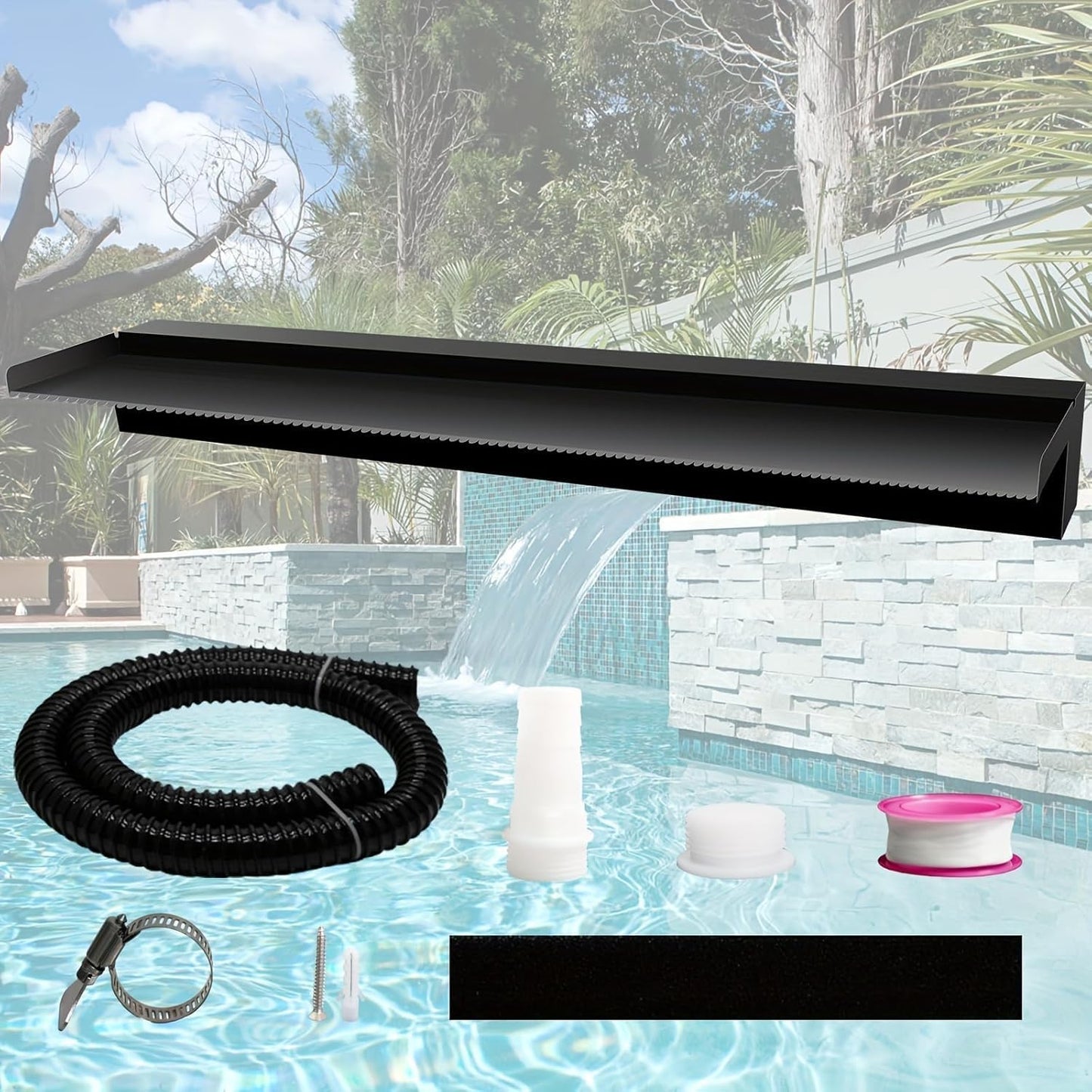 Pool Fountain Stainless Steel Pond Waterfall Spillway Kits for Indoor/Outdoor Decorative, 36 Inches Black Pool Water Feature for Garden Patio, Backyard Koi Pond Decor(No LED Light)
