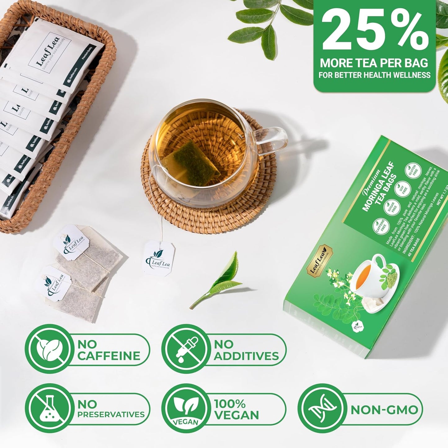 LeafLea 40 Moringa Tea Bags, 100% Natural and Pure Moringa Leaf Herbal Tea, Supports Digestion and Immune Health, Caffeine-Free, Sugar-Free, Vegan