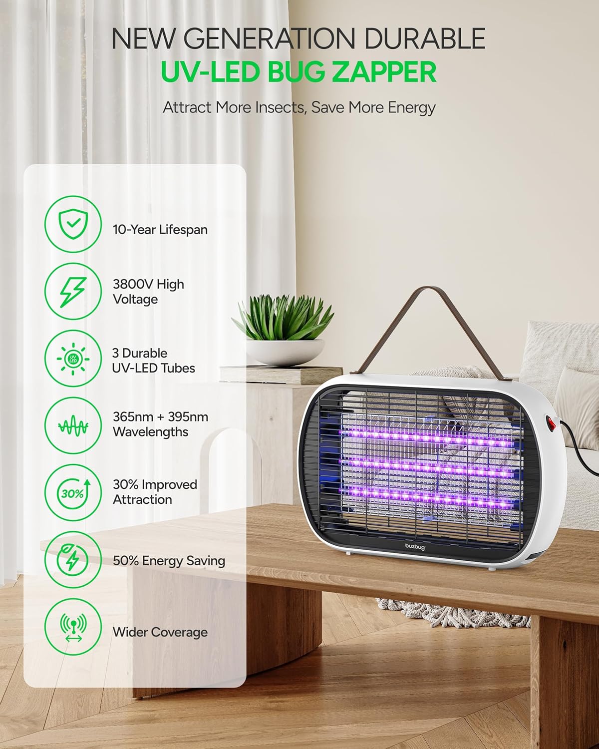 Buzbug Upgraded LED Bug Zapper Indoor, 10 Years Lifespan 3 Lamps Sustainable Less Power, 3800V Powerful Electric Mosquito Zapper, Durable Fly Trap Mosquito Trap, Fly Killer Fly Zapper -MA015PLUS