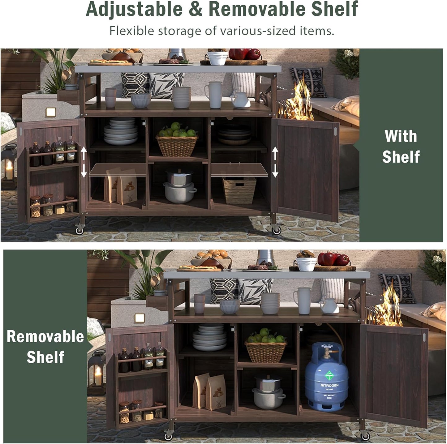 50.25" W Grill Cart with Stainless Steel Tabletop - Outdoor Storage Cabinet for BBQ, Bar Patio Kitchen Island with Ample Storage and Lockable Wheels