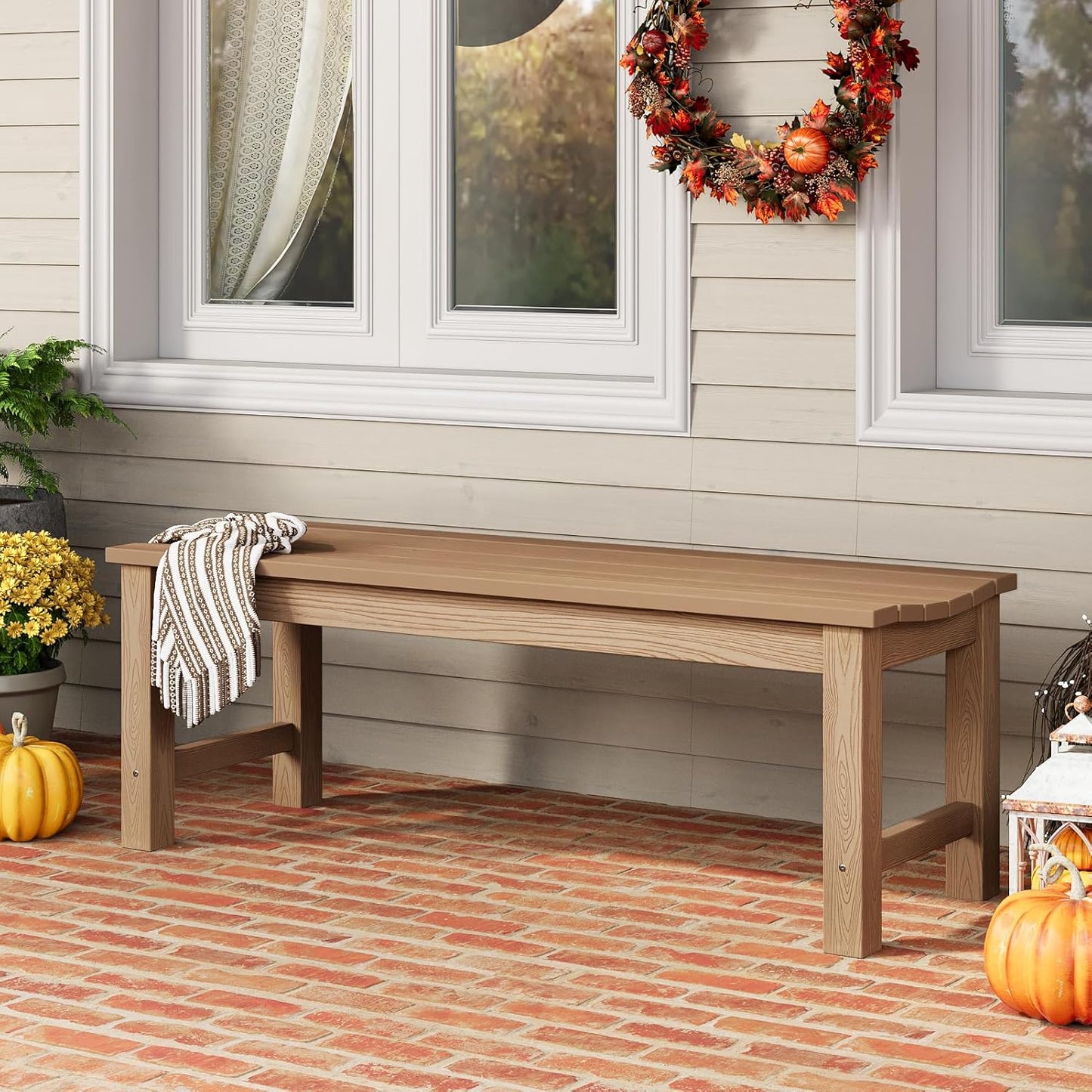 Outdoor Bench, 2-Person Patio Backless Bench Holds up to 800lbs, Weatherproof Garden Bench That Never Rot and Fade, Suit for Backyard, Porch, Patio, Deck and Entryway (Teak)