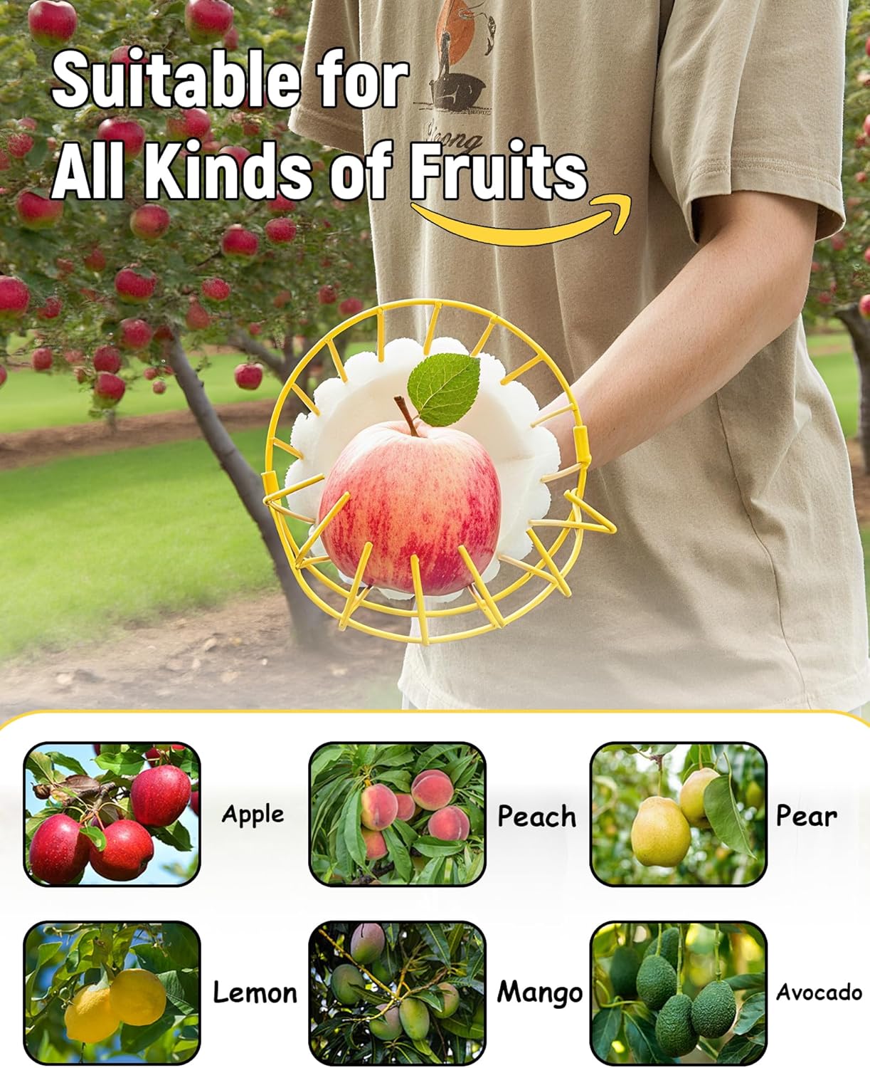 9FT Fruit Picker, Apple Picker Tool with Adjustable Pole and Basket, Long Reach Mango Grabber Tool, Tree Fruit Catcher for Picking Lemon Pear Orange Avocado Peach Citrus