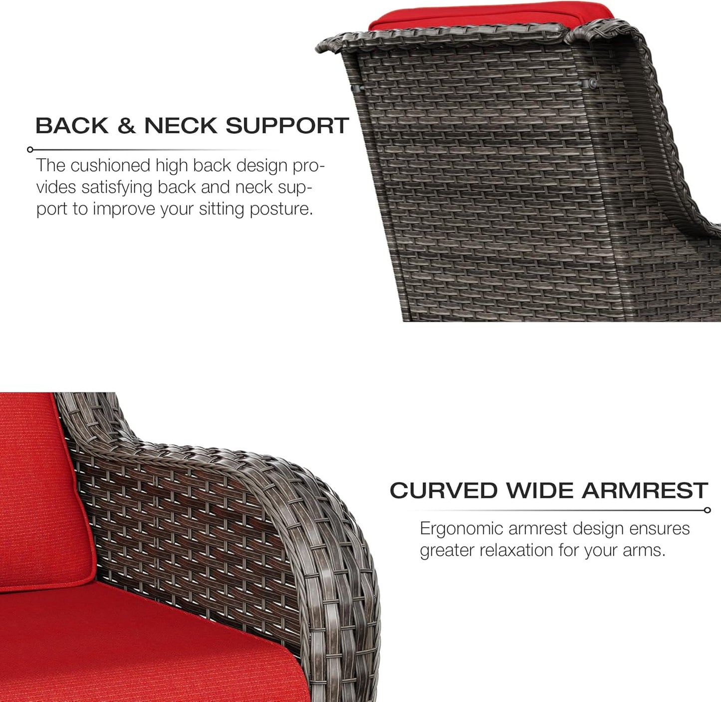 Joyside 5 Piece Outdoor Patio Furniture Set Wicker Conversation Bistro Set Swivel Rocking Chairs with Side Table and Ottomans for Backyard, Porch, Deck(Mixed Grey/Red)