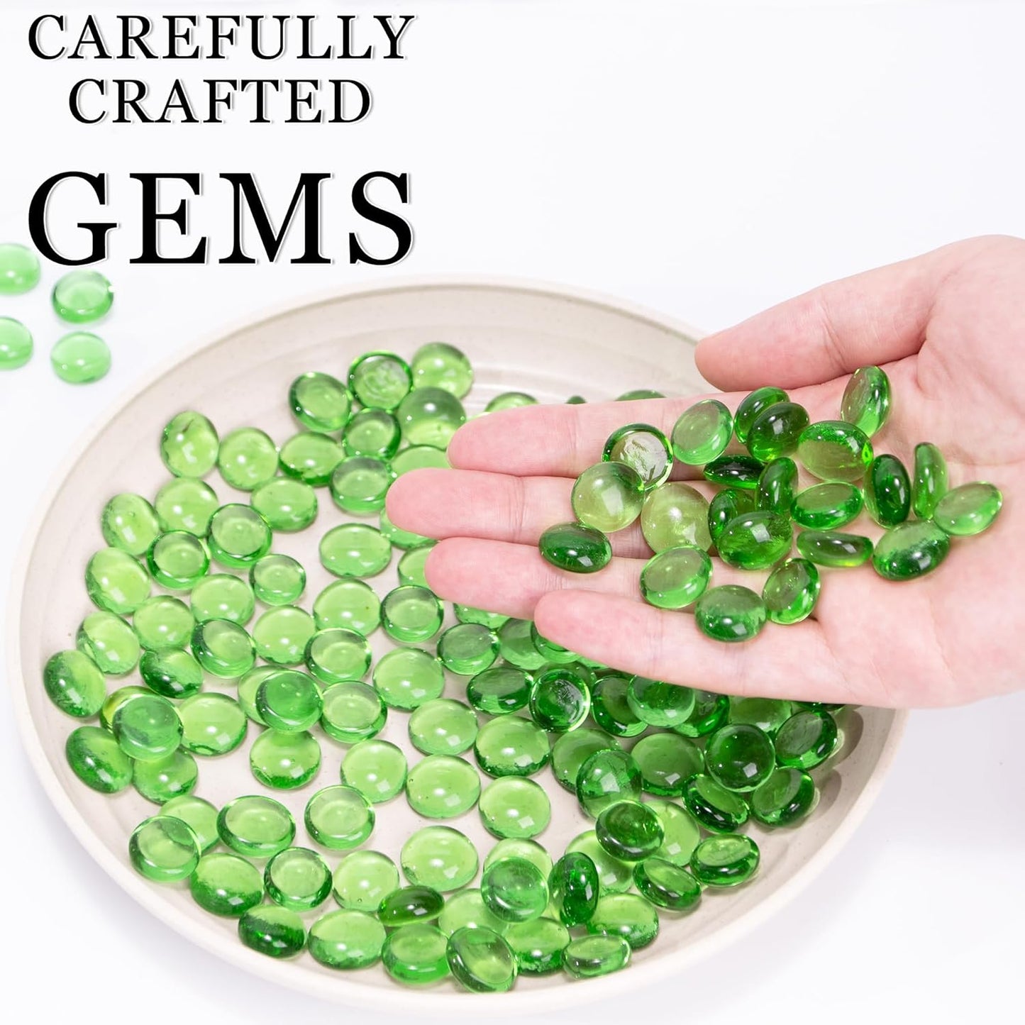 Meschett 50PCS Mini Glass Gems,Green Mancala Stones Flat Bottom Marble Beads for Home Decorative Art Craft Vase Filler(0.5"~0.7")