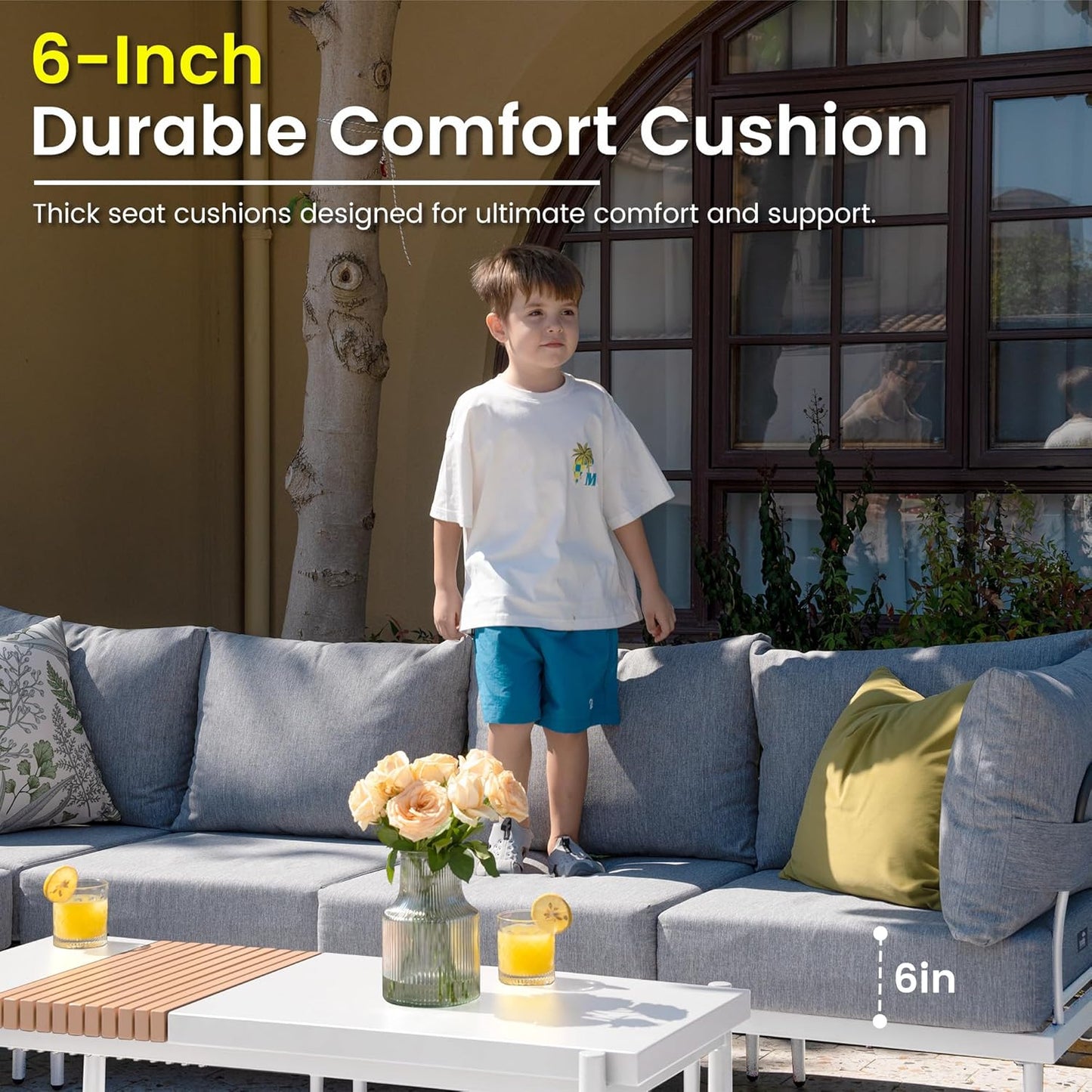 Sundale Outdoor 9 Pieces Metal Patio Furniture Set, Outdoor Sectional Sofa w/6 Inch Olefin Cushion and Coffee Table, Modern Outdoor Conversation Sets