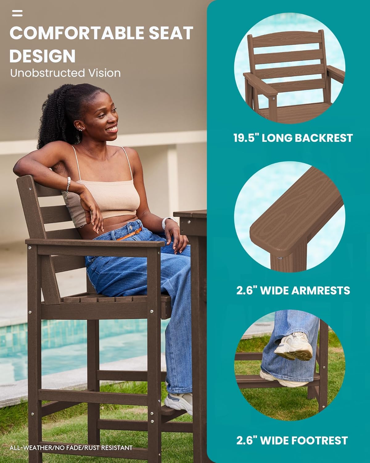 SERWALL Outdoor Bar Table and Chairs Set of 2, HDPE Outdoor Furniture for Outside, Poolside, Backyard, Garden, Brown