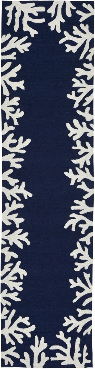 Liora Manne Capri Indoor/Outdoor Handmade Synthetic Blend Durable Area Rug - Traditional Border Coastal Beach Accent (Coral Border Navy) (2' x 8')