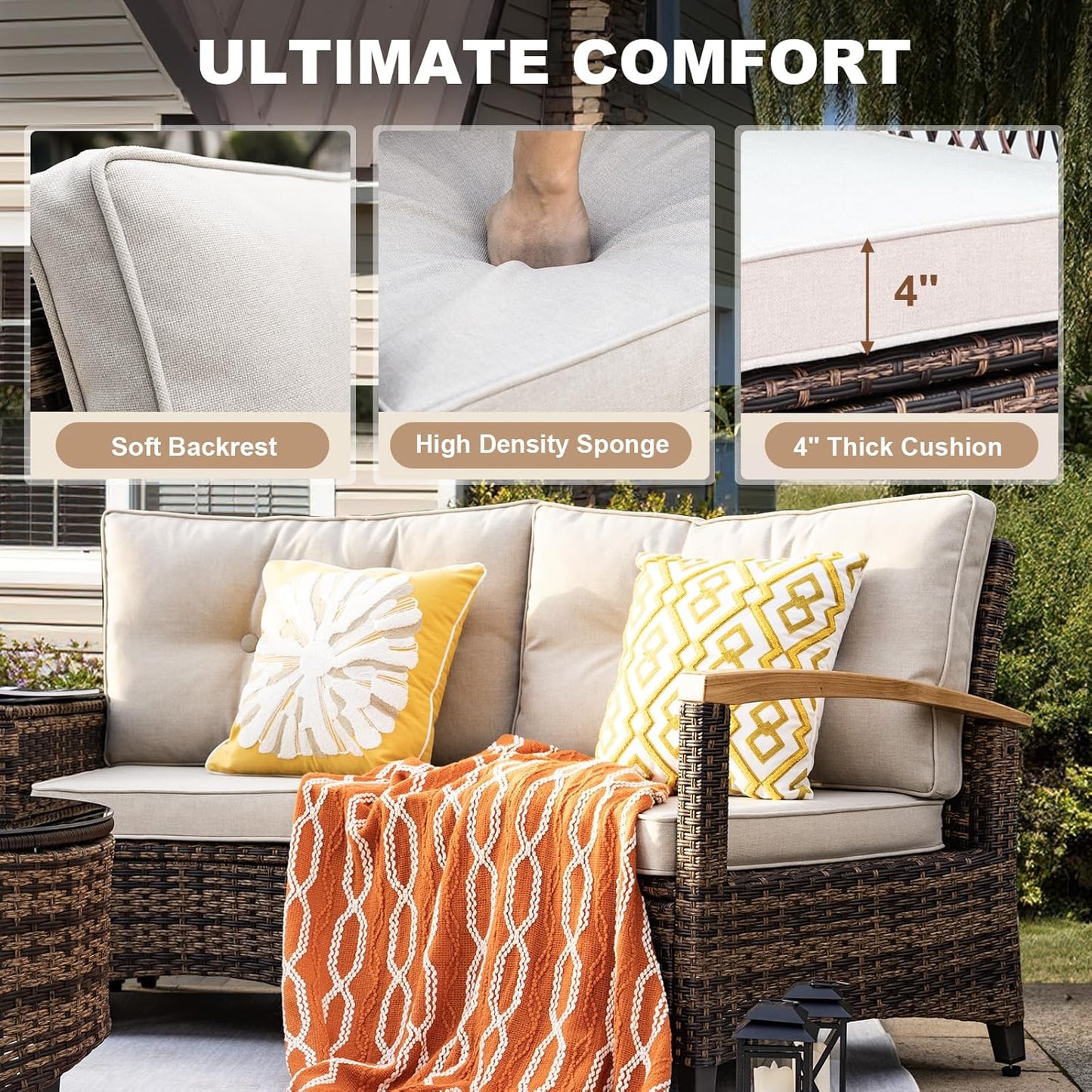 9 Piece Outdoor Patio Furniture Set, Half-Moon Curved Sectional Sofa Rattan Conversation Set with Wood Armrests, Coffee Table & Side Table（Brown）