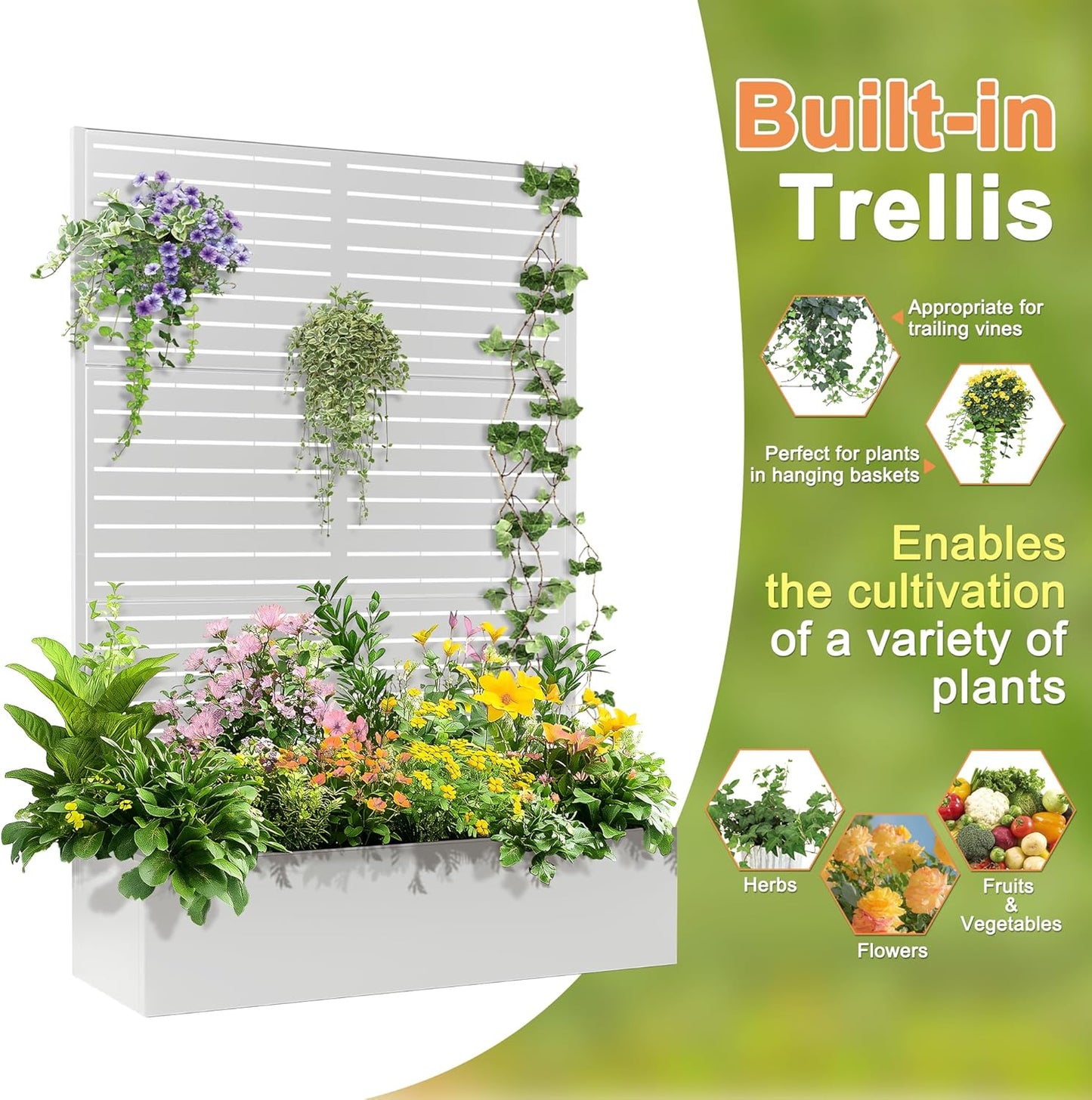 71"x47"x16" Metal Planter Box with Trellis Raised Garden Bed with Trellis, Trellis with Planter Box & Privacy Screen, Metal Planter Box for Climbing Plants, Vegetable, Vines(White, Louvered)