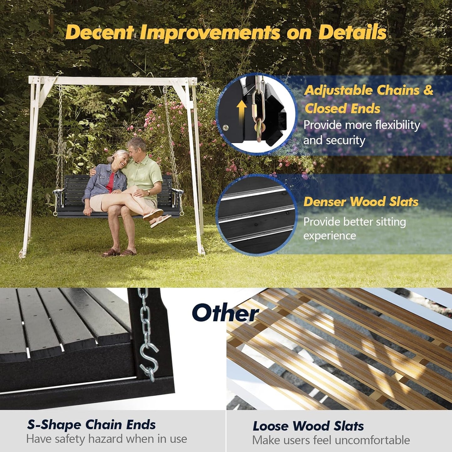 VINGLI Upgraded Patio Wooden Porch Swing for Courtyard & Garden, Heavy Duty 880 LBS Swing Chair Bench with Hanging Chains for Outdoors (Black, 4 FT)