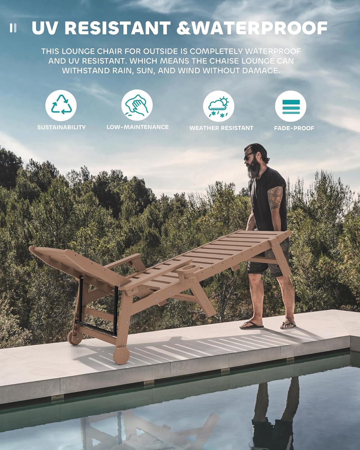 SERWALL Patio Chaise Lounge Chair Set of 2, 78'' Long HDPE Outdoor Lounge Chair, 5 Positions Adjustable Poly Lounge Chair with Rolling Wheels & Cup Holder for Pool, Brown