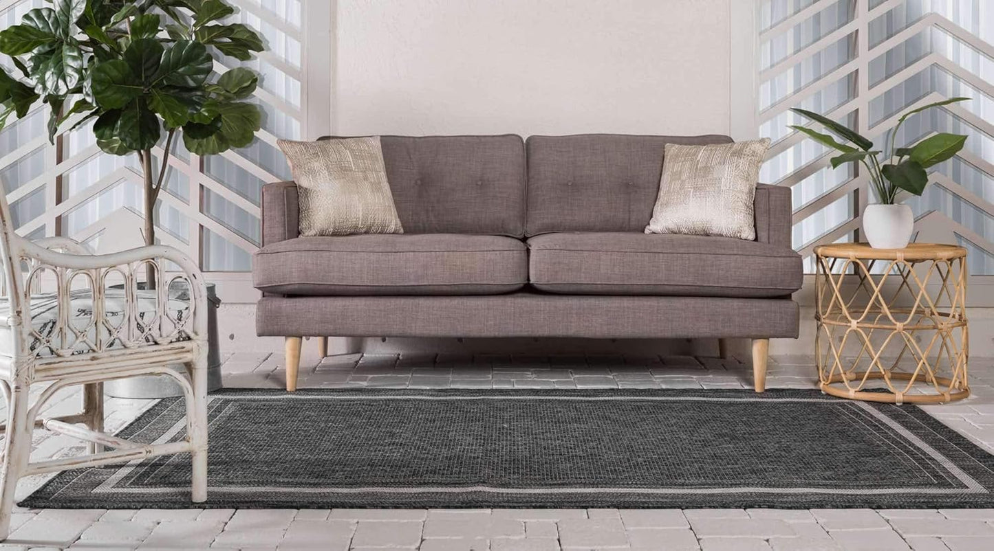 Unique Loom Outdoor Border Collection Area Rug - Soft Border (9' x 12' Rectangle, Black/ Ivory)