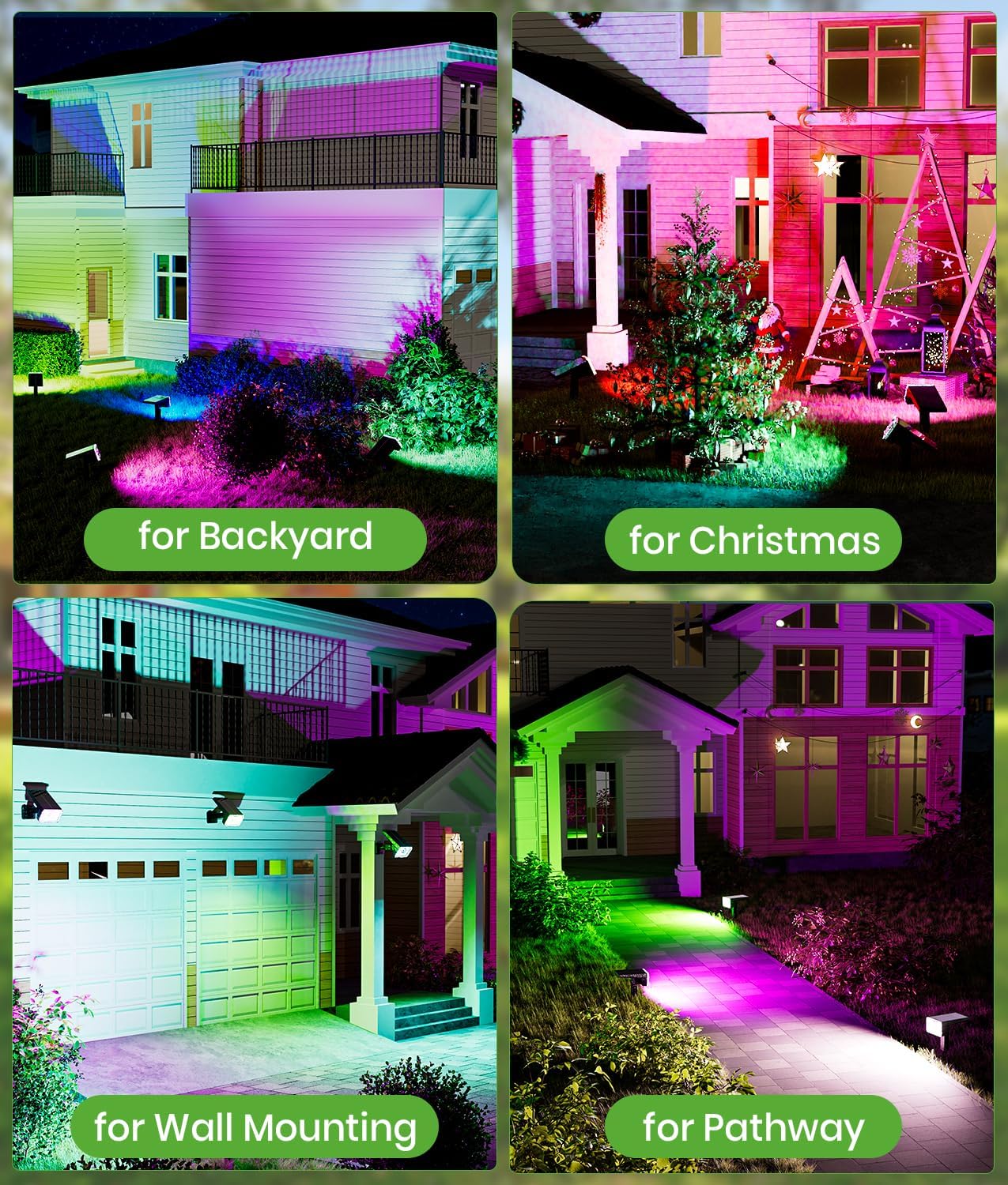 Solar Spot Lights Outdoor, 58 LED 8 Color Modes Solar Lights Outdoor, Multicolor RGB Flood Light Waterproof IP67, 2-in-1 Wall Light for Tree Garden Pathway (Multicolor, 2 Pack)