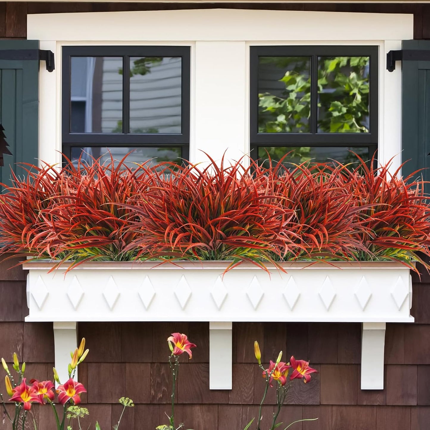 Uieke 6 Bundles Artificial Outdoor Plants UV Resistant Fake Grass Plants Faux Plastic Plants Greenery Shrubs for Home Garden Pathway Window Box Front Porch Cemetery Fall Decor, Autumn Red