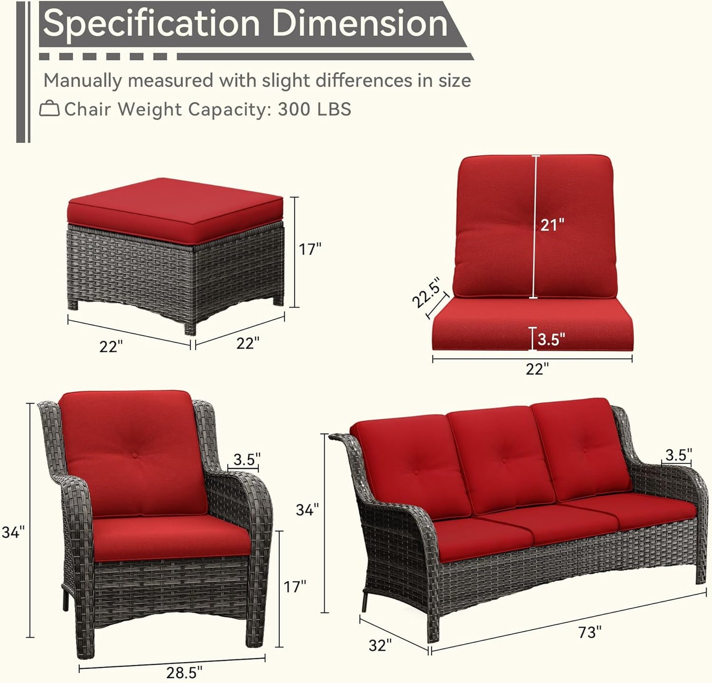 Patio Conversation Set 5-PCS Wicker Outdoor Furniture Conversation Set with 3-Seat Sofa, 2 Armchair, 2 Ottoman Patio Rattan Wicker Sectional Sofa Set with Olefin Cushion, Red