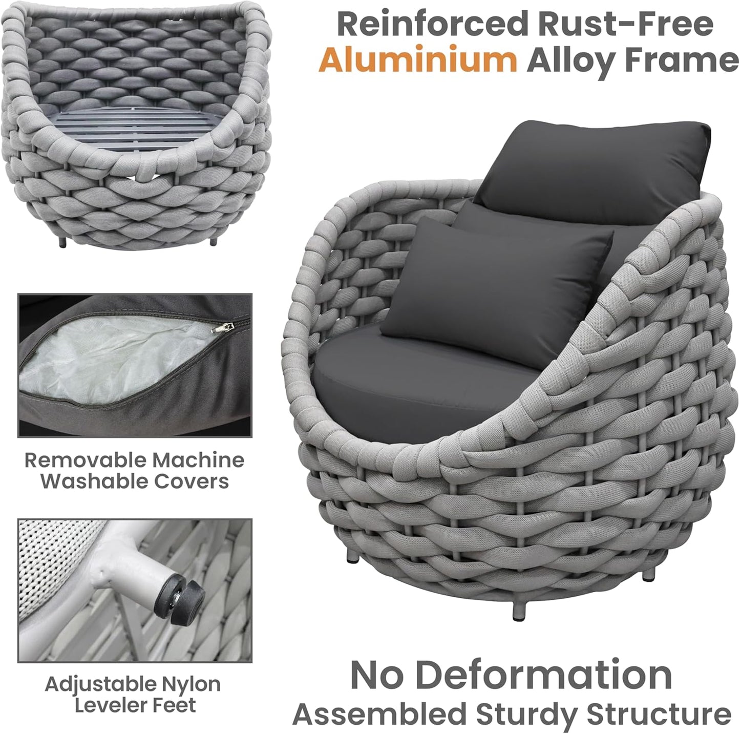 Aluminum Outdoor Patio Furniture Set: 6 Pieces Porch Rope Conversation Sofa Set - Modern Woven Deck Couch Set Cushioned - No Assembly All Weather Seating for 660lbs Yard Garden Lanai Hotel Pool