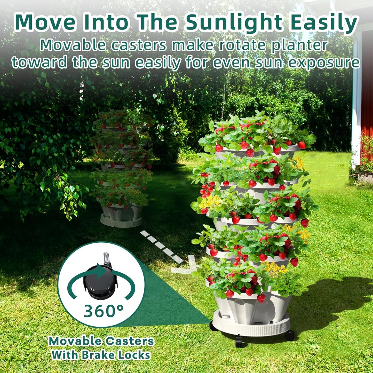 Strawberry Vertical Planter, Stacking Garden Tower, 3 Tiered Stackable Herb Vegetable Planters with Movable Casters and Bottom Saucer Indoor and Outdoor - Black