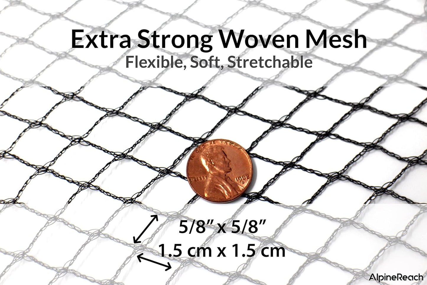 AlpineReach Garden Netting 15 x 50 ft Heavy Duty Bird Net, Deer, Plant Protection Extra Strong Woven Mesh, Reusable Kit with Zip Ties, Animal Fencing for Fruits Trees, Black