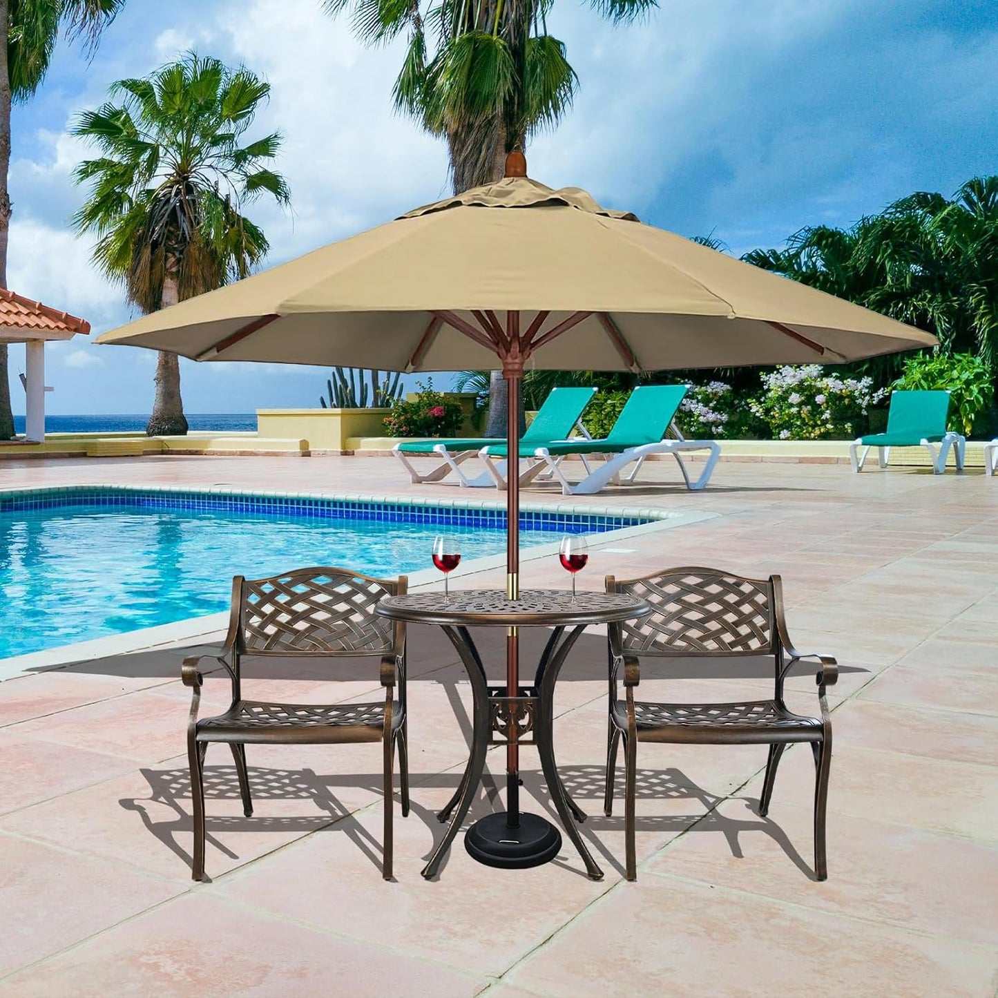 3 Piece Patio Set Metal Bistro Table and Chairs Set of 2 with Umbrella Hole,Cast Aluminum Bistro Table Set Outdoor All Weather Patio Furniture Set for Garden,Backyard,Bronze