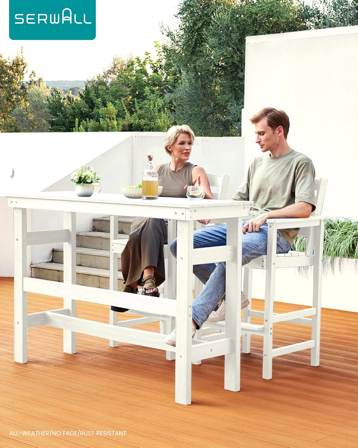 SERWALL All Weather HDPE Outdoor Patio Bar Set, Outdoor Bar Table and Chairs Set, Adirondack Bar Chairs Set of 2 and Bar Height Table, Outdoor Furniture for Outside, Poolside, Backyard, Garden, White