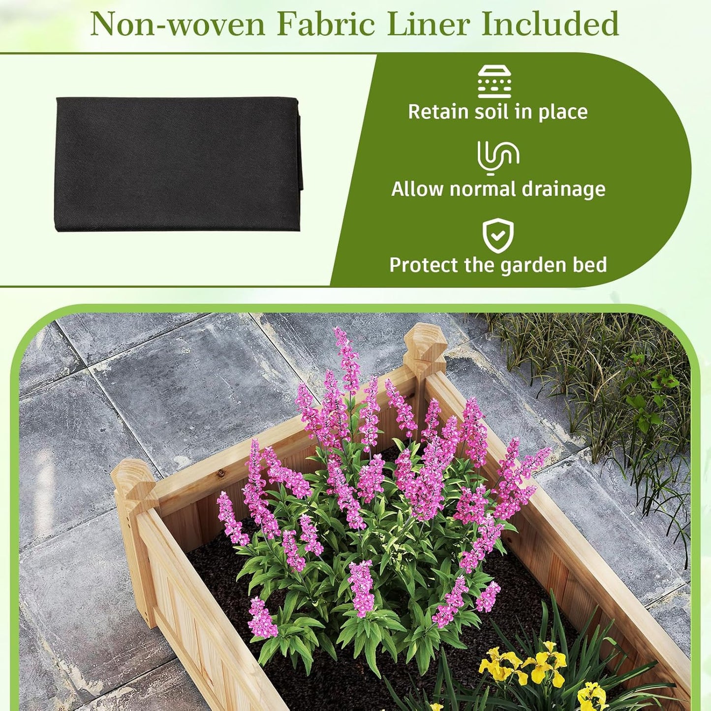 HAPPYGRILL Raised Garden Bed, Wooden Elevated Garden Box w/8 Drain Holes, Detachable Bottom Panels, Liner for Flowers Vegetables Herbs Fruits, Outdoor Planter Box for Backyard Lawn, 89" x 23.5" x 16"