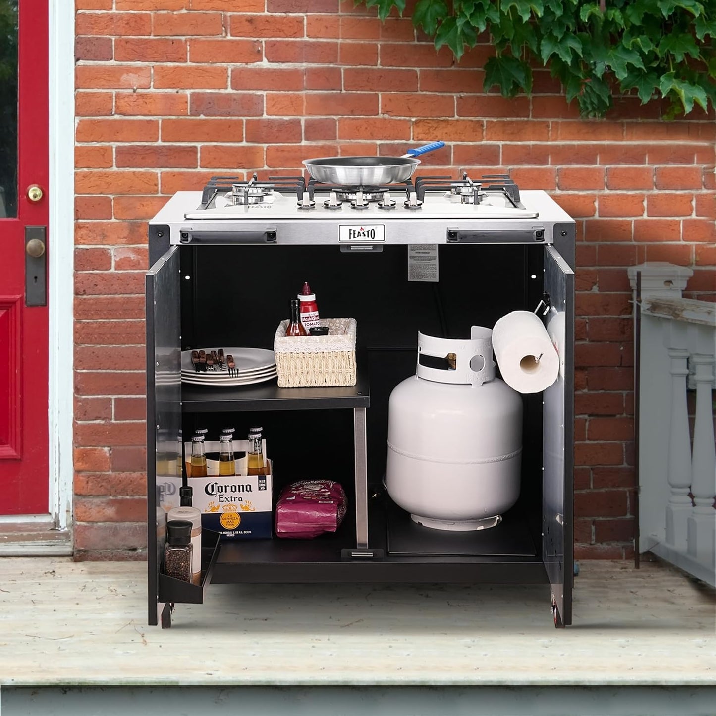 Gas Grill, Movable Outdoor Gas Stove Stainless Steel Top with Cabinet, 5 Burners with 36,200 BTUs, Outdoor Propane Grill for Outdoor Cooking, Ideal for Lawn & Garden, L35.4” x W24”
