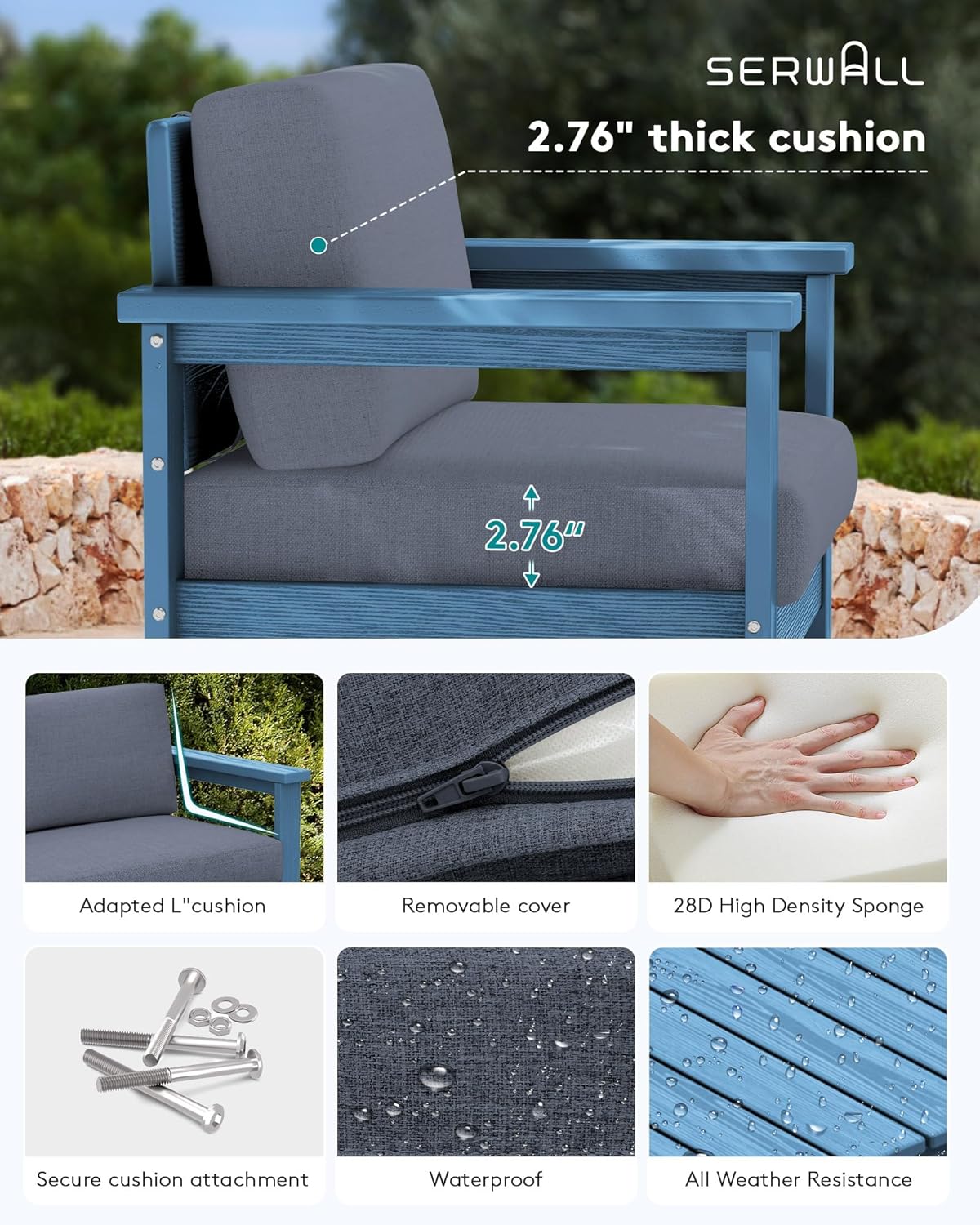 SERWALL 6 Pieces HDPE Outdoor Conversation Sofa Set with Cushions, All Weather Couch Loveseat Furniture with Coffee Table and Cushion, Outdoor Social Sofa Set, Blue Frame with Grey Cushions
