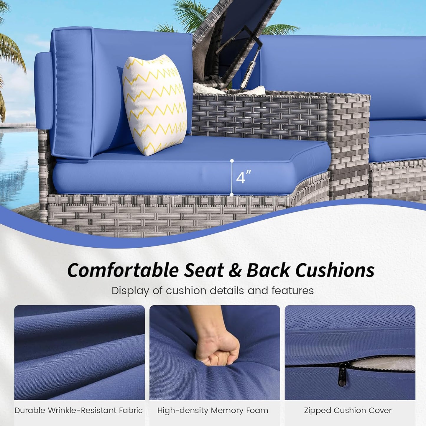 Patio Sectional Furniture Outdoor 12-Piece Grey Rattan Curved Sofa Set with Fire Pit Table,Storage Table,Pillows,Fit for Pool Backyard Balcony Porch Lawn (Navy)