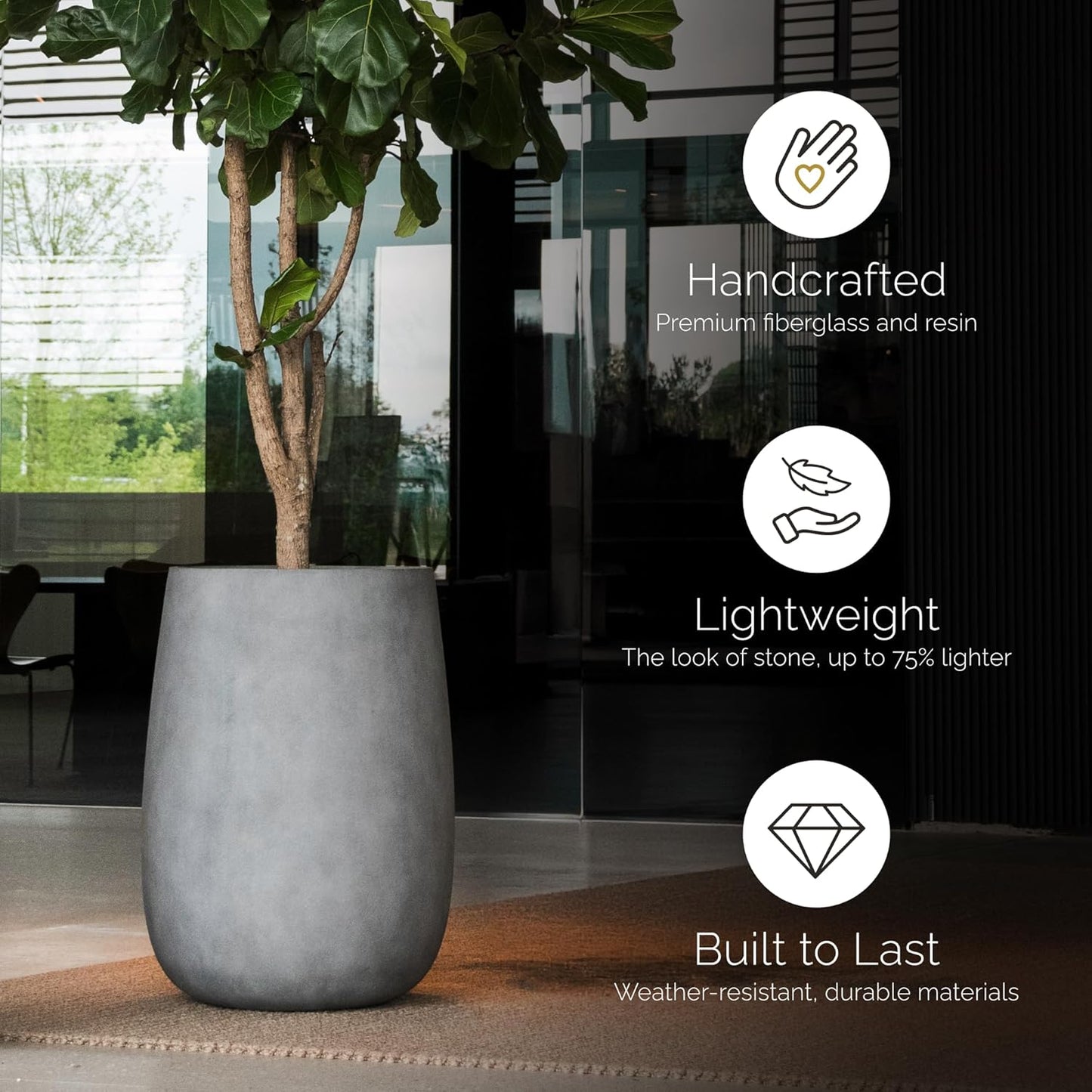 Mondo High Tall Planter – River Stone Finish – Fiberglass Indoor/Outdoor and Weather-Resistant Round Planter (25.6" D x 35.6" H Exterior, 20.3" D x 35.4" H Interior)