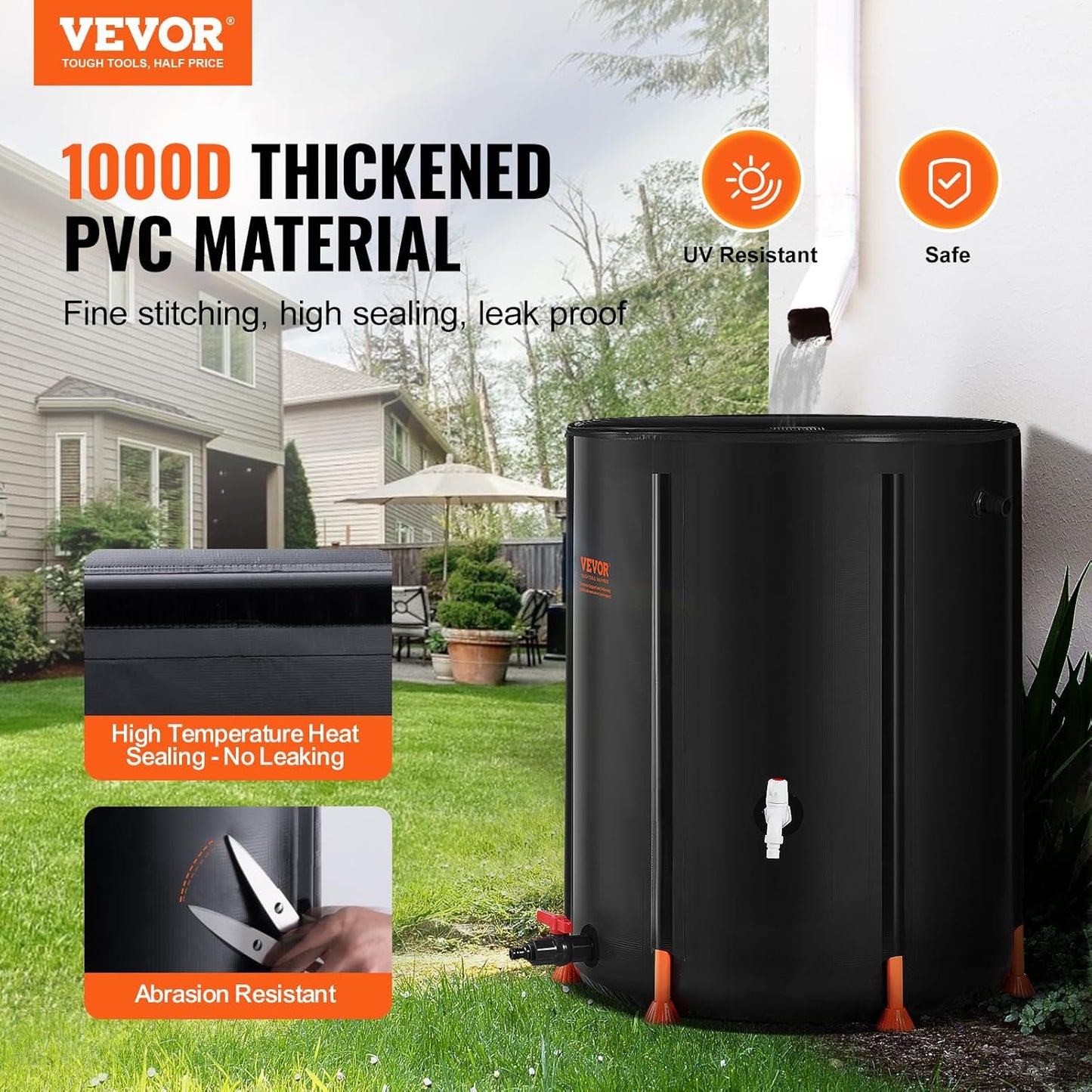 VEVOR Collapsible Rain Barrel, 53 Gallon/201 L Portable Rain Water Collection Barrel, PVC Rainwater Collection System with Spigots and Overflow Kit, Water Barrel for Garden Water Catcher