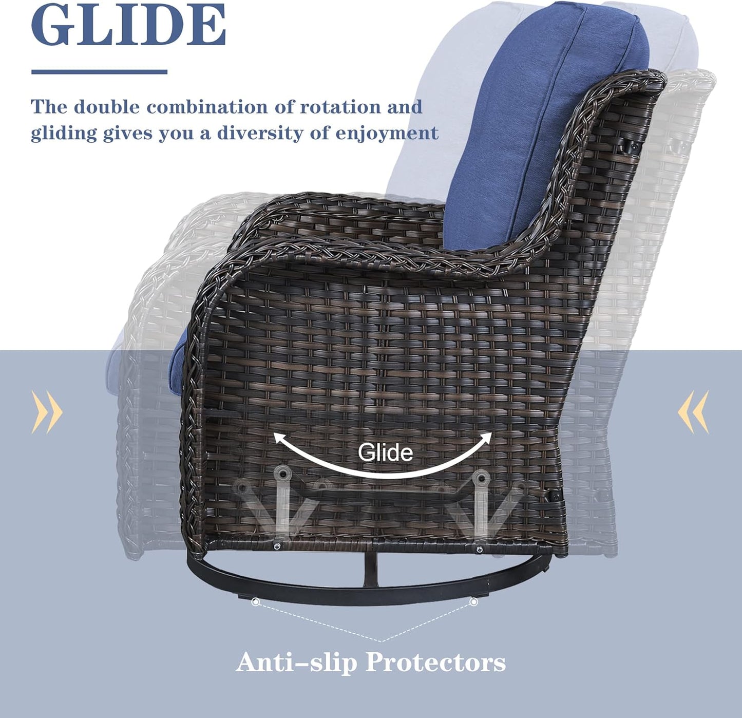 Outdoor Patio Furniture Set with 50000BTU Propane Fire Pit Table, 4 Pieces Wicker Patio Conversation Set with 2 Swivel Rocker Glider Chairs Rattan Sofa Blue Cushion Perfect for Casual Gathering