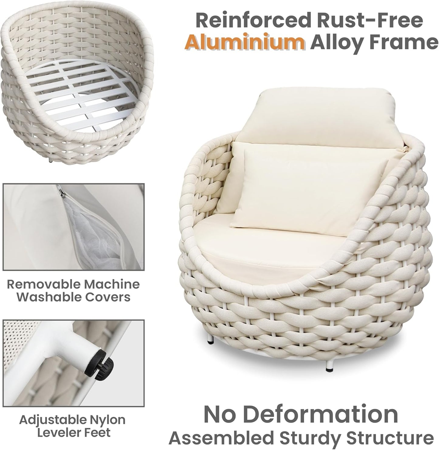 Sunroom Furniture Sets: 6 Pieces Aluminum Woven Rope Patio Conversation Sofa Set Cushioned - Modern Outdoor Couch Set No Assembly - Armchair Set Porch Deck Garden Poolside Gazebo Hotel - Beige