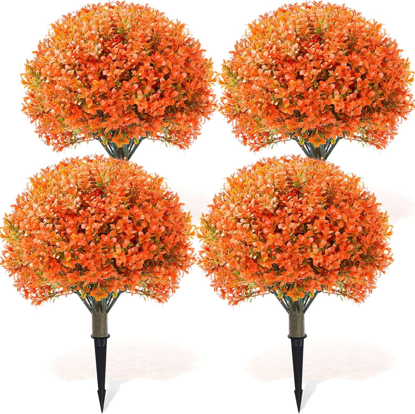Yunlly 4 Pack 18" Artificial Boxwood Ball Bush Topiary Trees Fake Outdoor Plants, Realistic UV Resistance Faux Shrubs with Spike Greenery Topiary for Front Porch Garden Yard Patio Indoor (Orange)
