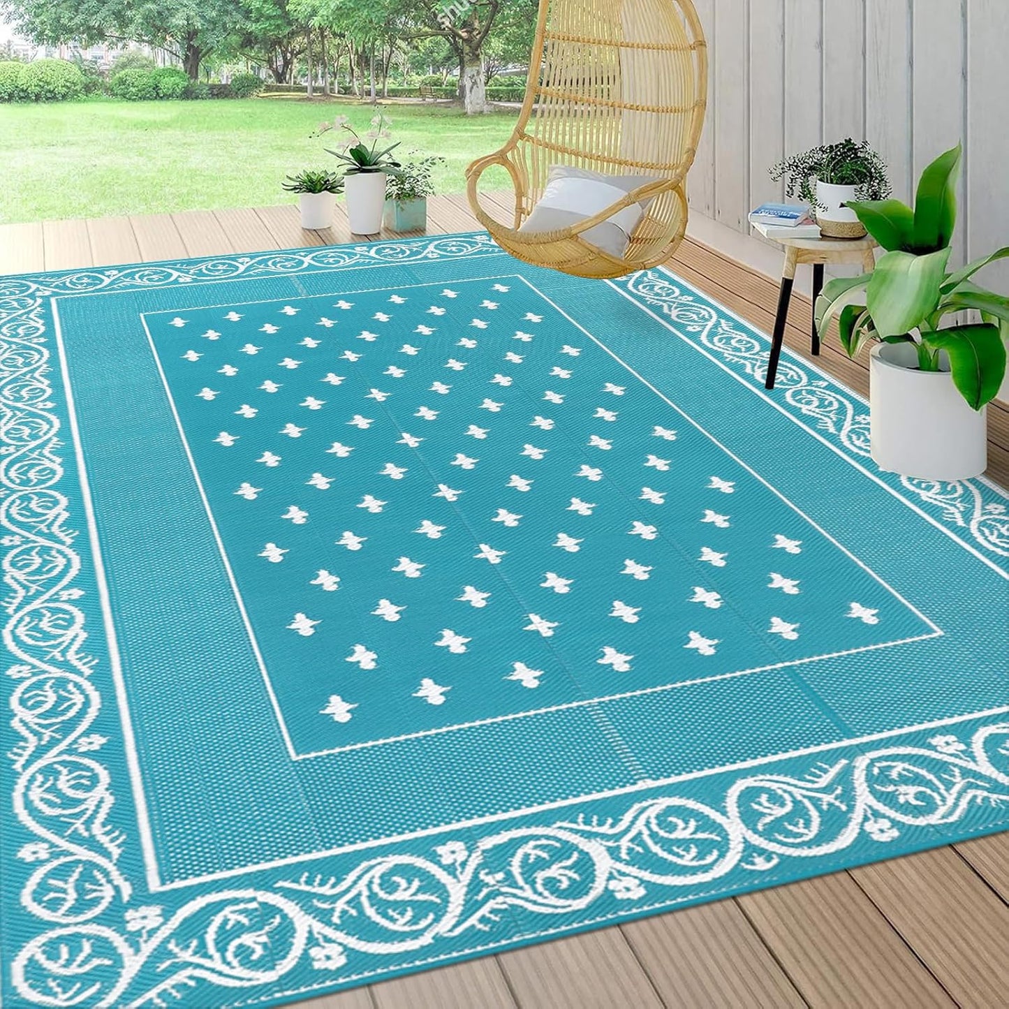 Pauwer Waterproof Outdoor Rug 8x10, Reversible Plastic Straw Patio Camping Rug, Indoor Outdoor RV Mat Carpet for Deck, Camper, Porch, Balcony, Backyard, Picnic, Bordered Teal