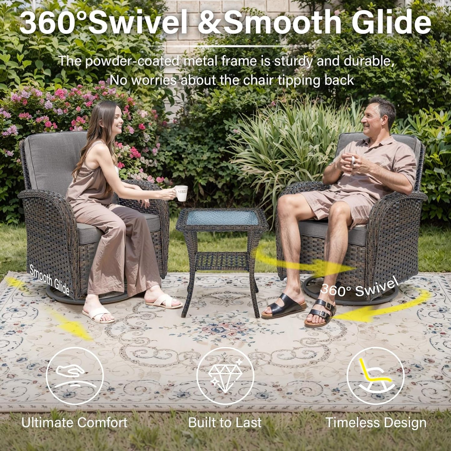 7-Piece Modern Brown Wicker Patio Conversation Set - 4 Swivel Glider Chairs, 2 Side Tables & 30" 50,000 BTU Propane Fire Pit Table