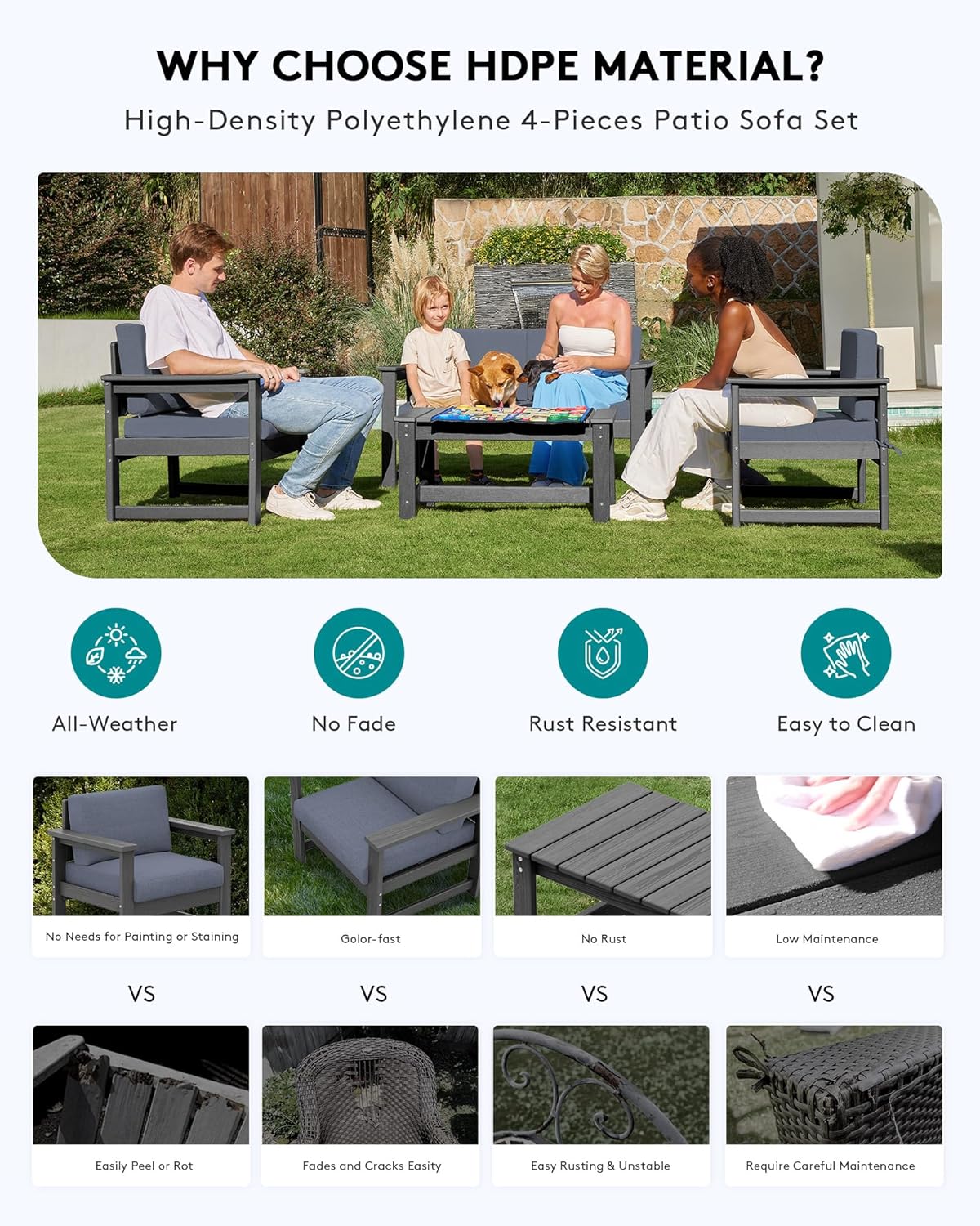 SERWALL 2 Pieces Single Cushioned Sofa Chair, Grey HDPE Outdoor Adirondack Lounge Armchair with Grey Cushion