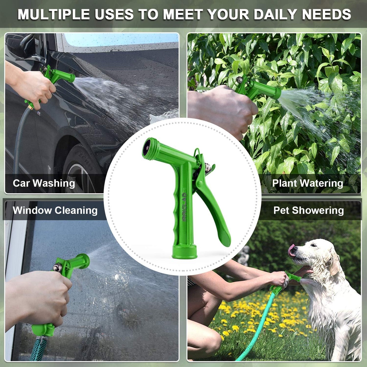 Hose Nozzle 2 Pack, Full Size Pistol Grip Water Nozzle Sprayer with Threaded Front, High Pressure Nozzle, Adjustable Spray Water Flow for Watering, Showering Pet, Washing Car, Cleaning, Green