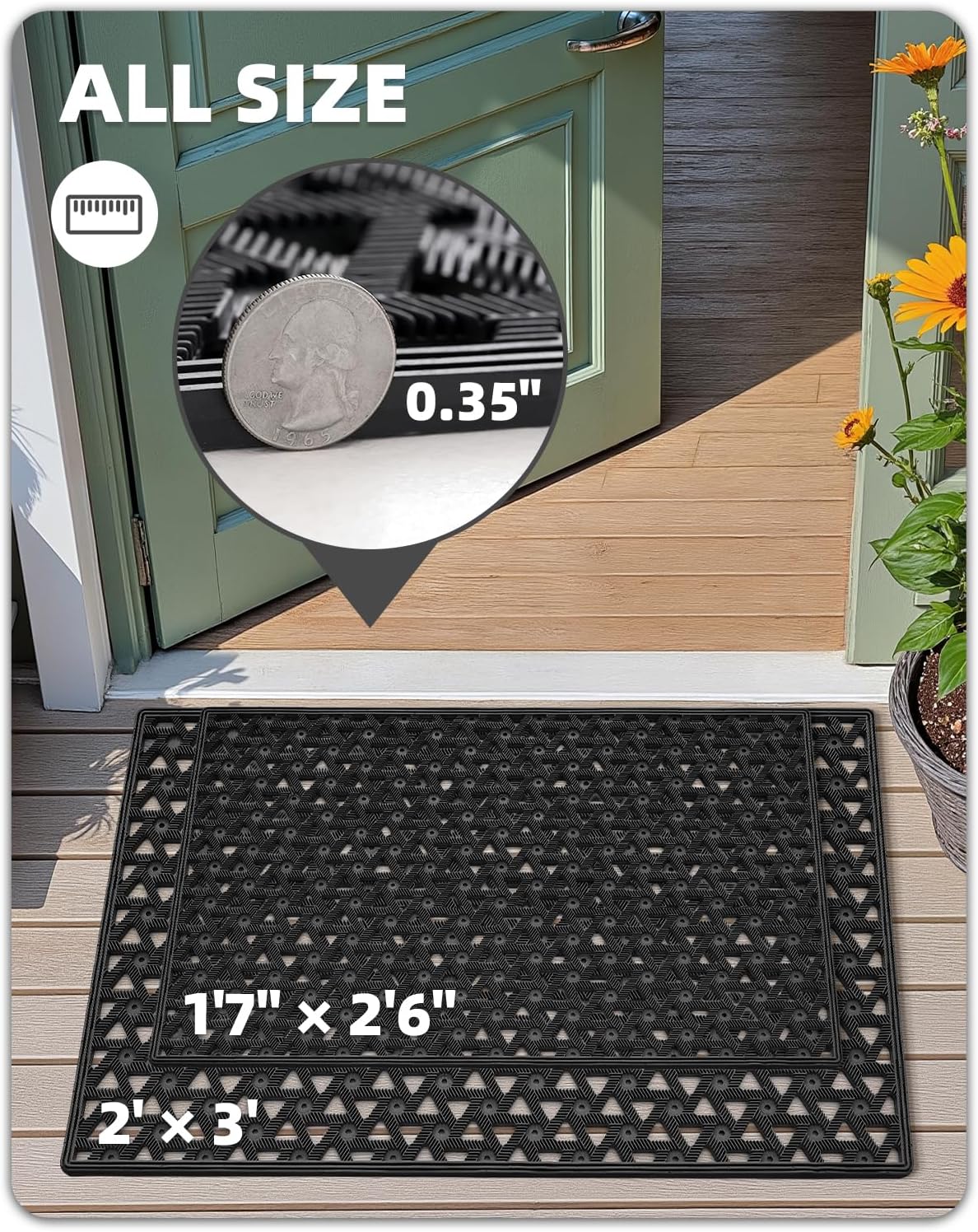 Color&Geometry Door Mat Outside Entrance with Drainage, Rubber Heavy Duty Dirt Trapper Waterproof Outdoor Welcome Mat, Outdoor Mats All Weather for Front Back Door Patio Entryway Entry, 24"X36" Black