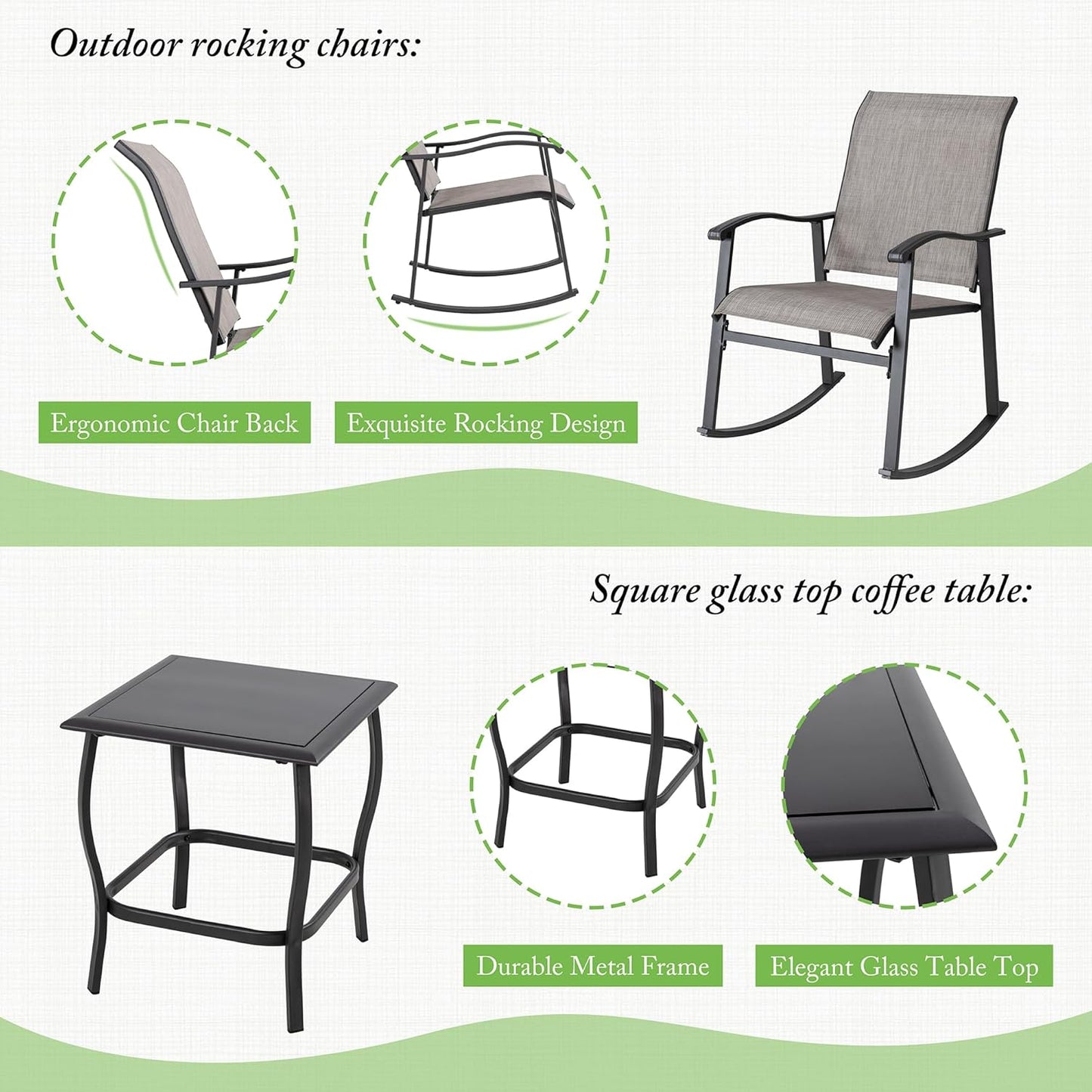 Shintenchi 3 Piece Rocking Bistro Set, Outdoor Furniture with Rocker Chairs and Glass Coffee Table Set of 3, Balcony, Porch Furniture for Small Space, Gray
