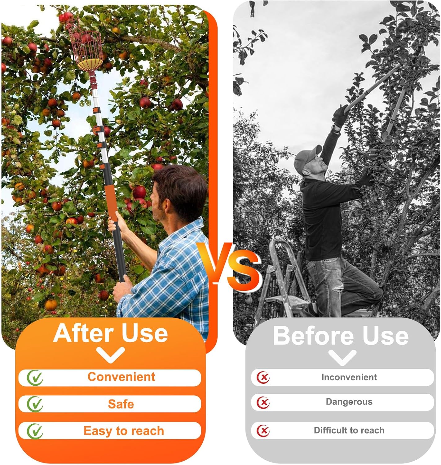 20FT Reach Fruit Picker Pole with Basket Telescoping, Apple Picker with 3-12FT Telescoping Pole for Apple Orange Lemon Mango Avocado Guava Fruit Picking