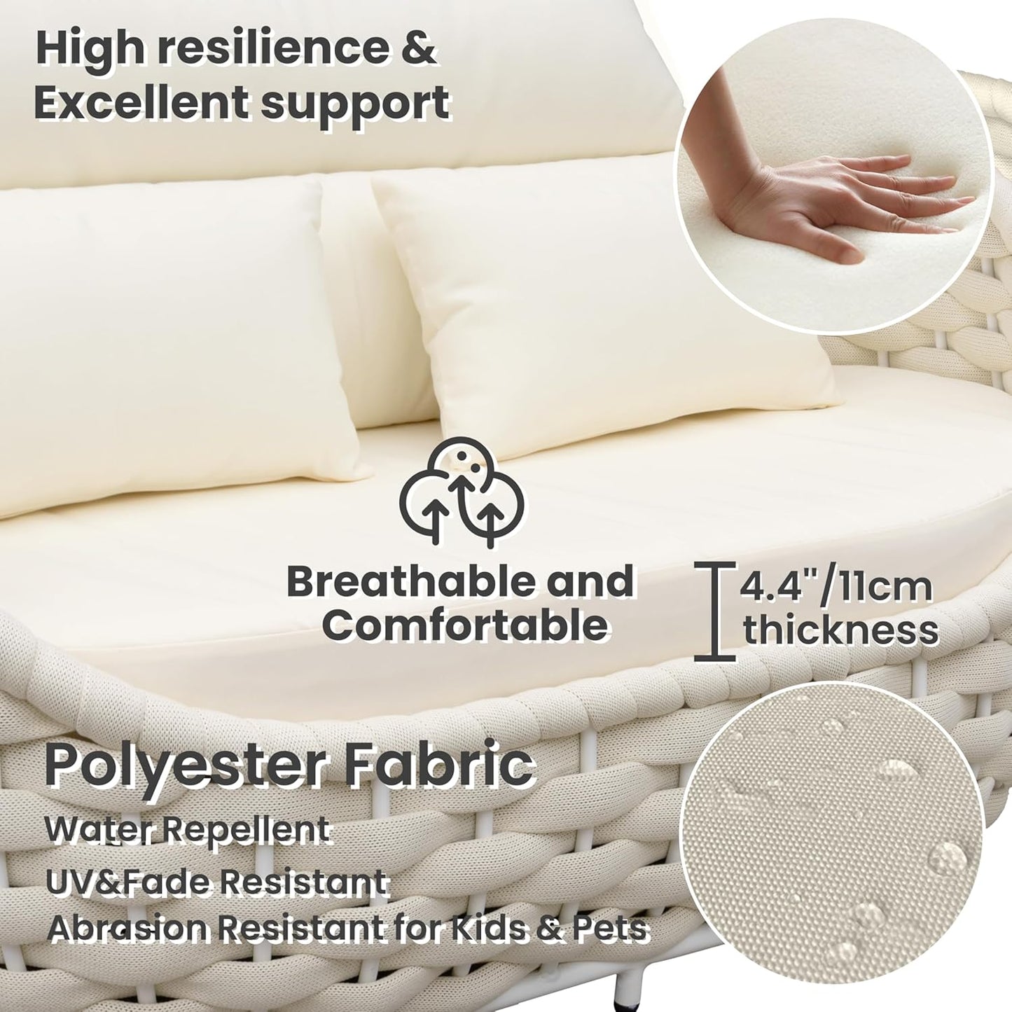 Woven Rope Outdoor Sofa Set: 5 Pieces Aluminum Patio Conversation Set Assembled - All Weather Cushioned Porch Furniture Couch - Modern Metal Lounge Set for Deck Yard Resort Hotel Sunroom, Beige