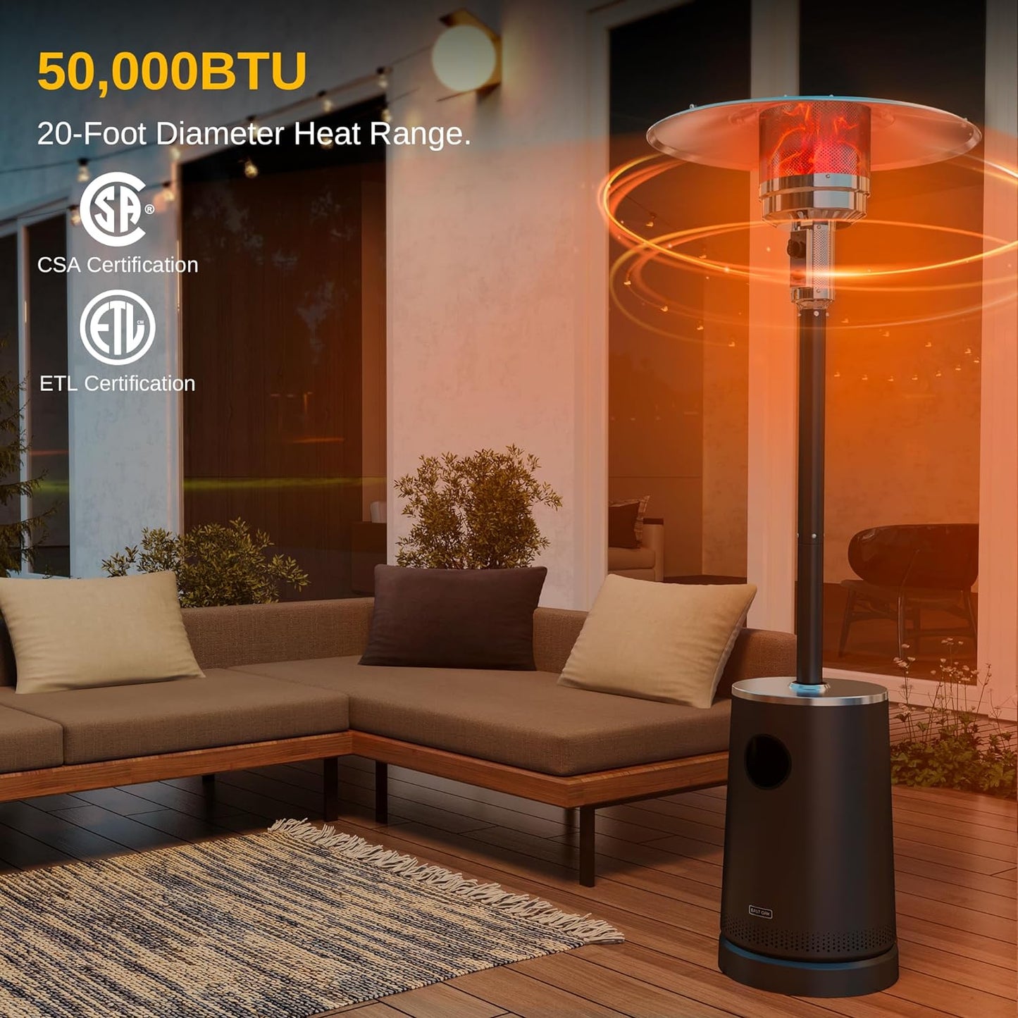 EAST OAK 50,000 BTU Patio Heater with Sand Box, Table Design, Double-Layer Stainless Steel Burner, Wheels, Triple Protection System, Outdoor Heater for Home and Residential, Pinecone