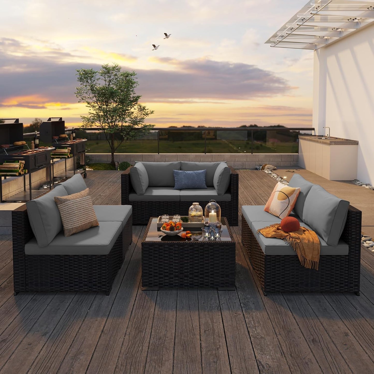 7 Pieces Outdoor Patio Furniture Set, PE Rattan Outdoor Wicker Sectional Furniture Sofa Set, with Cushions and Glass Coffee Table, for Balcony, Porch, Garden, Grey